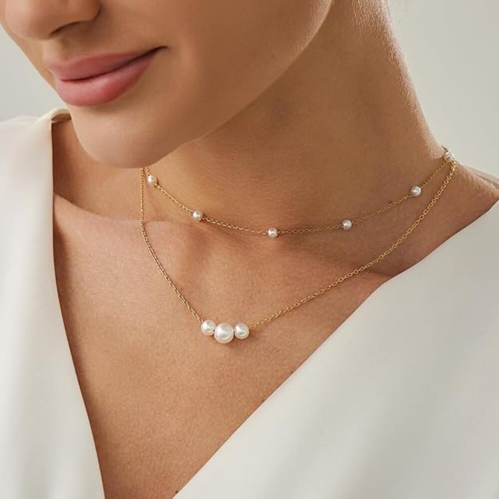 NEW! Layered Pearl Necklace Daisy Pearl Choker 14K Gold Plated Stainless Steel